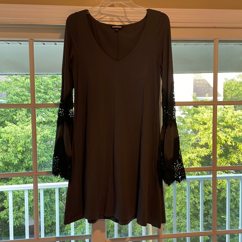 Express size medium charcoal gray dress with black lace bell sleeves